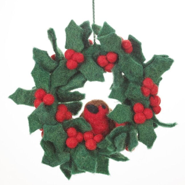 Felt Holly Mini Wreath with Robin